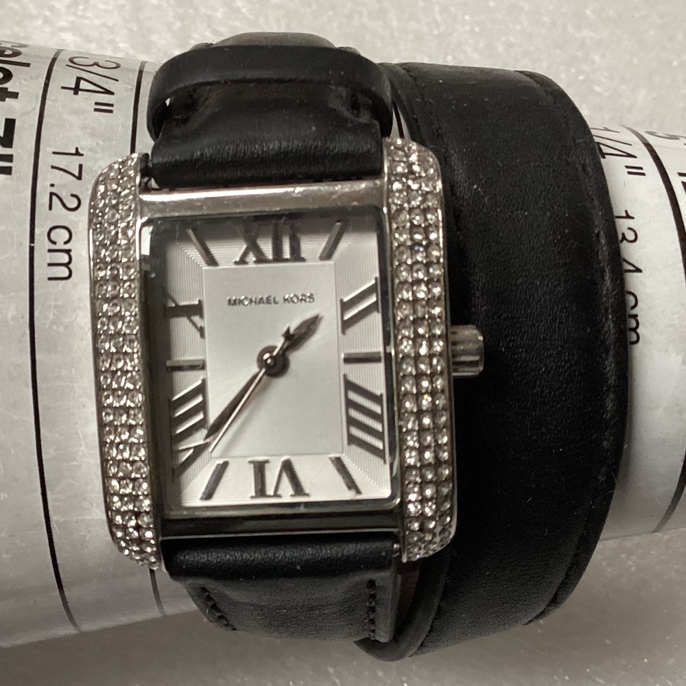 Michael Kors Mini Emery Silver Dial Black Leather Ladies Watch MK2359